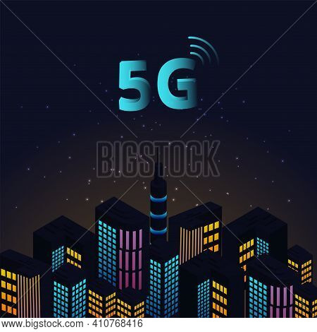 Smart City And Communication Network Concept.5g Network Logo Over The Smart City With Of Town Infras