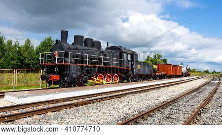 Belev, Russia - August 04, 2019: Old Fashioned Steam Train With Locomotive Standing Near Belev Stati