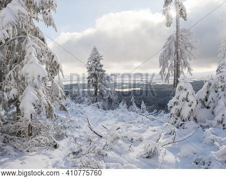 Beatiful Winter Landscape, View Of Cakova Vyhlidka Viewpoint At Fields, Forest, Villages And Snowy S