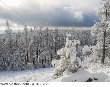 Beatiful Winter Landscape, View Of Cakova Vyhlidka Viewpoint At Fields, Forest, Villages And Snowy S