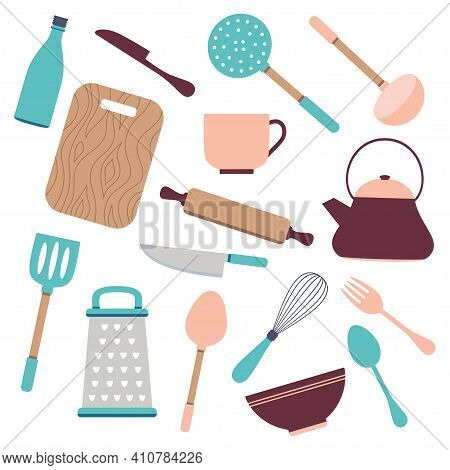 Cartoon Kitchen Utensils Isolated On White Background, Vector Kitchen Tools, Flat Style Cooking Set,