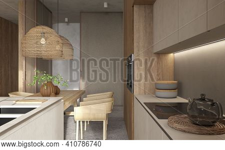 Minimalism Modern Interior  Scandinavian Design. Bright Studio Living, Kitchen And Dining Room. Tabl