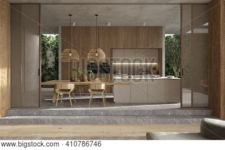 Minimalism Modern Interior  Scandinavian Design. Bright Studio Living, Kitchen And Dining Room. Tabl