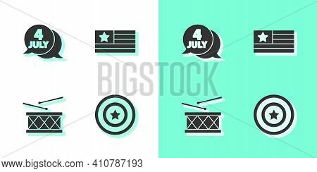 Set American Star Shield, Usa Independence Day, Drum And Drum Sticks And Flag Icon. Vector