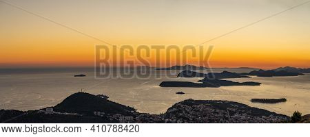 Panoramic View Of Adriatic Islands With Dubrovnik Old Town After Sunset Hour From Top Of Mountain Sr
