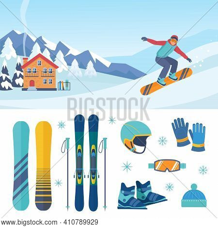 Ski And Snowboarding Set. Stylish Descent Boards And Professional Skiing With Poles Protective Blue 