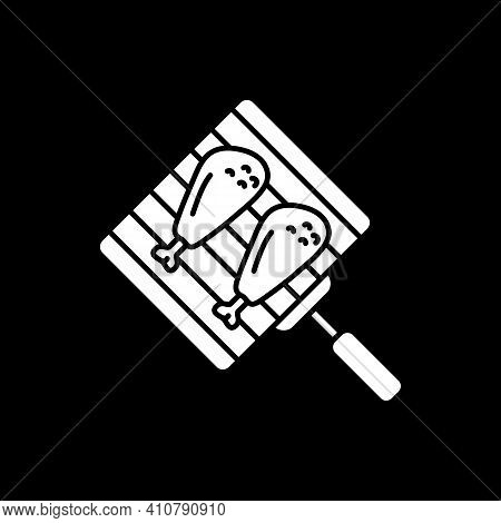Grilling Chicken Drumsticks Dark Mode Glyph Icon. Barbecue Party. Bbq Cookery. Roasting Meat On Stee