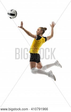 Flying. Young Female Volleyball Player Isolated On White Studio Background. Woman In Sportswear Trai