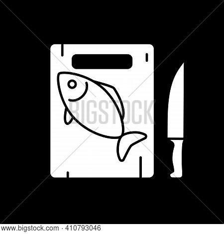 Fish On Cutting Board Dark Mode Glyph Icon. Salmon Preparation. Fresh Codfish. Prepare Cafe Dinner. 