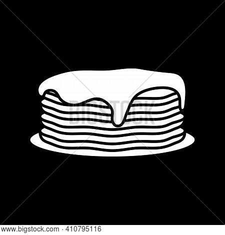 Pancakes With Maple Syrups Dark Mode Glyph Icon. Breakfast Food. Homemade Meal. Crepes With Jam. Swe