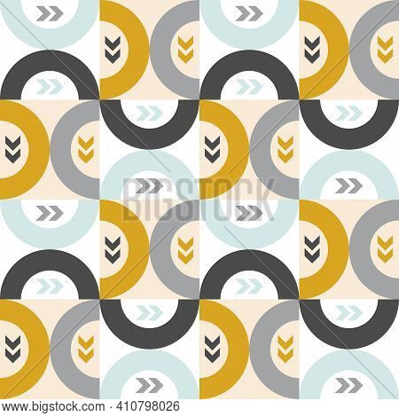 Modern Vector Abstract Seamless Geometric Pattern With Squares, Arc And Arrows In Retro Scandinavian
