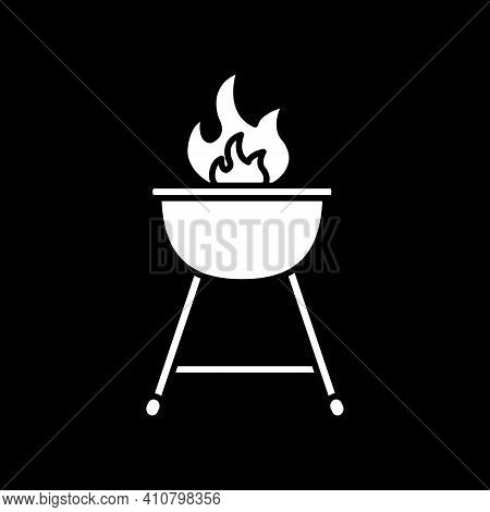 Barbecue Dark Mode Glyph Icon. Barbeque Cookout. Grill Cooking. Stove With Fite For Outdoor Cookery.
