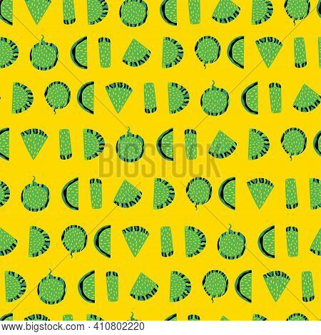 Green Fruit Slices On Yellow Seamless Pattern Vector. Fantasy Watermelon Slices Different Shapes Gre