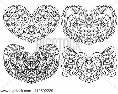 Heart Shapes Set Black Outline Stock Vector Illustration. Funny Ornamental Hearts Coloring Page For 