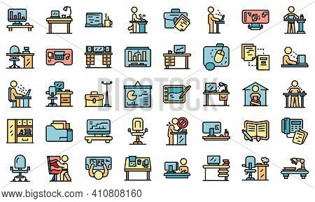 Ergonomic Workplace Icons Set. Outline Set Of Ergonomic Workplace Vector Icons Thin Line Color Flat 