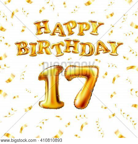 17 Happy Birthday Message Made Of Golden Inflatable Balloon Seventeen Letters Isolated On White Back