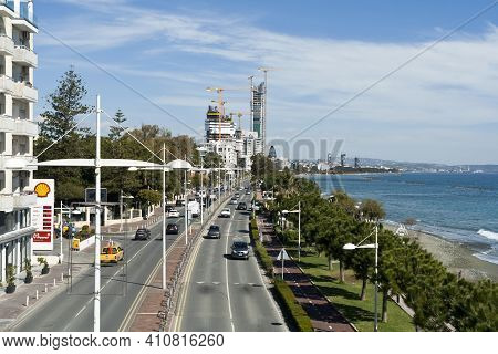 Limassol, Cyprus, February 18h, 2021:  View From The Cyta Footbridge At 28th October Avenue And Coas