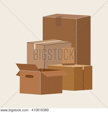 Set Of Isolated Cardboard Boxes For Moving. Moving Concept. Brown Boxes Of Various Sizes. Vector Sto