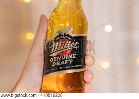 Tyumen, Russia-february 13, 2021: Bottle Of Miller Genuine Draft, The Original Packaged Draft Beer. 