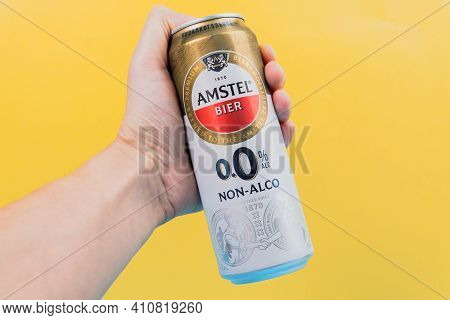 Tyumen, Russia-december 10, 2020: Amstel Beer Can. Founded On June 11, 1870 In Amsterdam, Named Afte