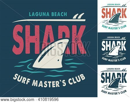 Print Set Of Surfing Shark Fin And Surfboard