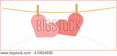 Two Heart Shape Pink Papers Hanging With Clothespin On String. Vector Note Illustration With Copy Sp