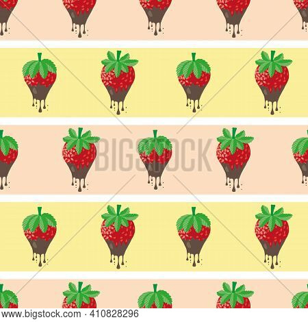 Chocolate Dipped Strawberry Striped Seamless Vector Pattern Background. Painterly Red Berries Drippi