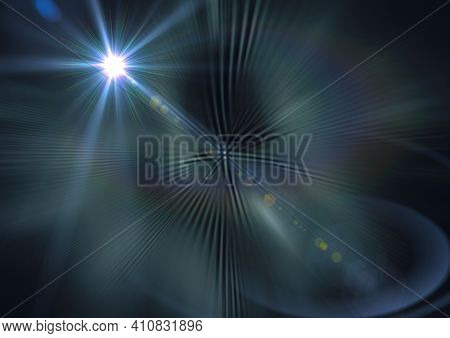 Glowing glowing blue spot of light over light trails in background. light and colour concept digitally generated image.