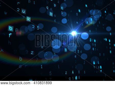 Glowing blue spots of light, letters and numbers on blue background. light and colour concept digitally generated image.