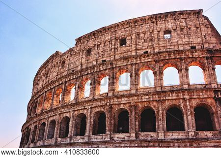 The Roman Colosseum In Rome , Italy. The Coliseum Or Flavian Amphitheatre. Famous Ancient Roman Monu