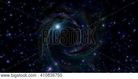 Black Hole Above The Star Field In Outer Space. Distortion Of Light Passing Through The Massive Body