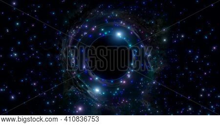 Black Hole Above The Star Field In Outer Space. Distortion Of Light Passing Through The Massive Body