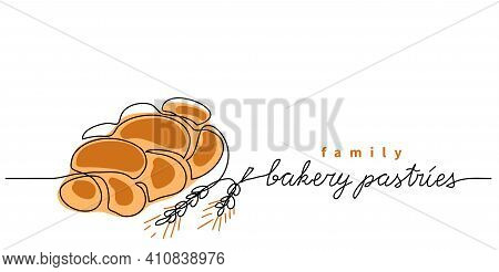 Bakery Pastries Vector Sign, Banner, Poster, Background. One Continuous Line Drawing Of Bun Bread Wi