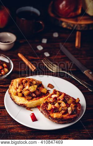 French Toasts With Chopped Apple Caramelized With Cinnamon