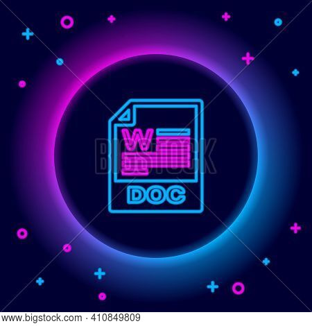 Glowing Neon Line Doc File Document. Download Doc Button Icon Isolated On Black Background. Doc File