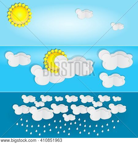 Different Types Of Weather. Day And Summer Banner. Horizontal Posters Set With Paper Clouds For Weat