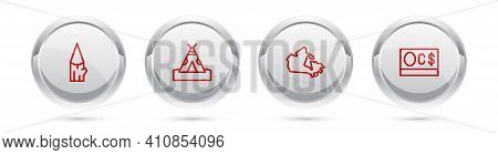 Set Line Wooden Log, Indian Teepee Or Wigwam, Canada Map And Canadian Dollar. Silver Circle Button. 