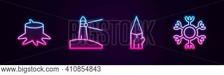 Set Line Tree Stump, Lighthouse, Wooden Log And Snowflake. Glowing Neon Icon. Vector