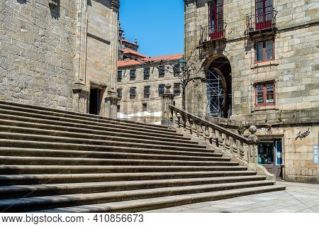 Santiago De Compostela, Spain - July 18, 2020: Square Of Platerias And Cathedral Of Santiago De Comp