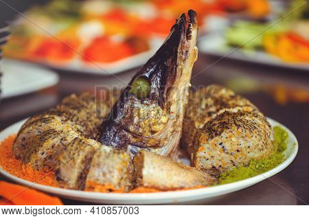 Stuffed Pike Garnished In A Platter With Sauce, Restaurant Food, Homemade Dish, Traditional Jewish F