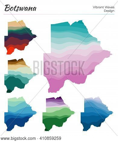 Set Of Vector Maps Of Botswana. Vibrant Waves Design. Bright Map Of Country In Geometric Smooth Curv