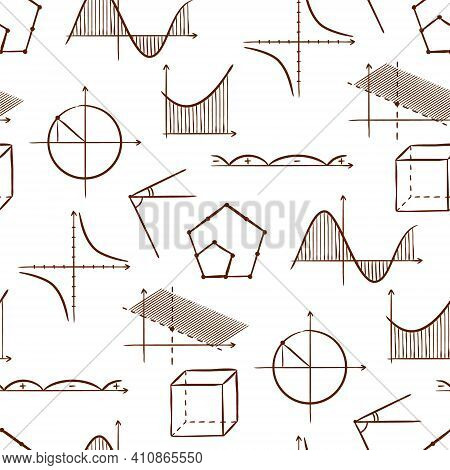 Seamless Doodle Pattern With School Algebra Elements. Pattern With Mathematical Charts And Graphs On