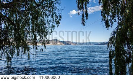 View To The Beautiful Lake Through The Leaves Of Trees Sunny Day.