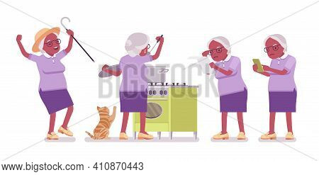 Old Black Woman, Elderly Person Cooking Food, Using Mobile Phone. Senior Citizen Over 65 Year, Retir