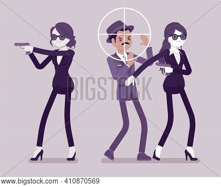 Bodyguard Women Protect Important Famous Man, Sniper Optical Sight. Professional Trained Armed Perso