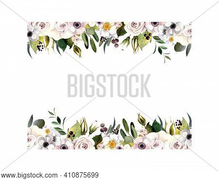 Frame With Flowers And Leaves On White Background. Waterclolor Floral Illustration.