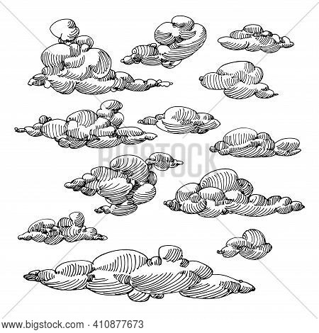 Set Of Clouds In The Sky, Ornament Elements, Weather Phenomenon, Vector Illustration With Black Ink 