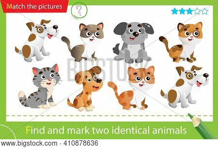 Find And Mark Two Identical Animals. Puzzle For Kids. Matching Game, Education Game For Children. Co