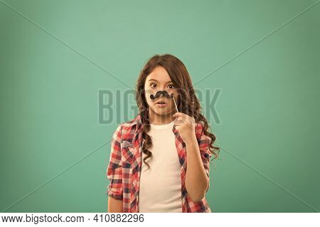 Feeling Upset. Serious Kid With Funny Party Moustache. School Girl Ready For Fun. Happy Childhood. C