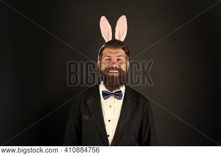 Hippity Hoppity Happy Easter. Bearded Man Celebrate Easter. Happy Businessman Wear Rabbit Ears. East